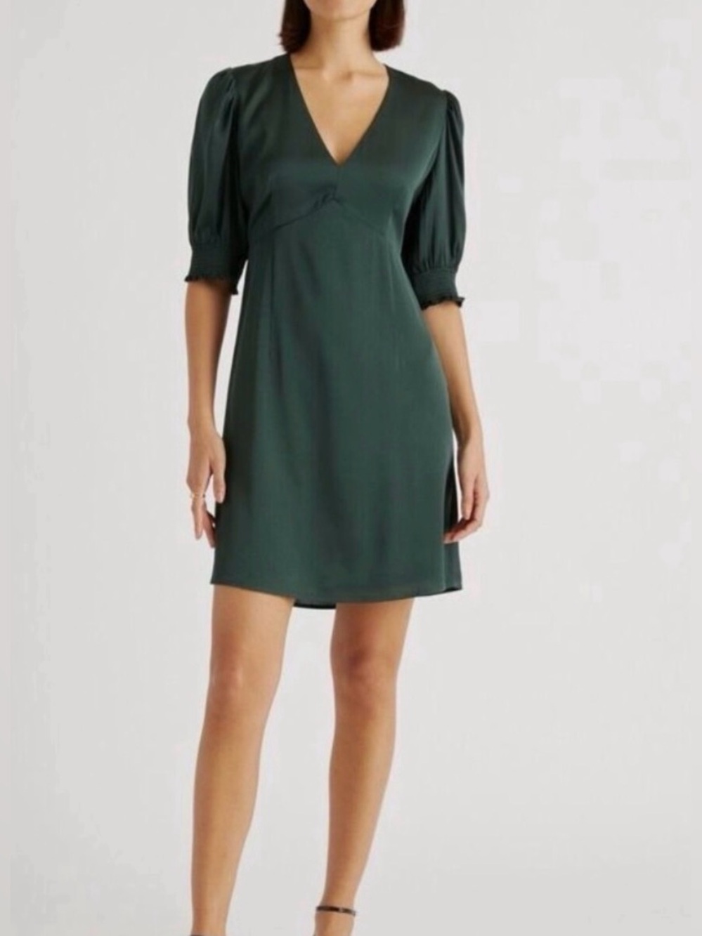 Quince Washable Silk Puff Sleeve Mini Dress Forest Green V-Neck Cottagecore M